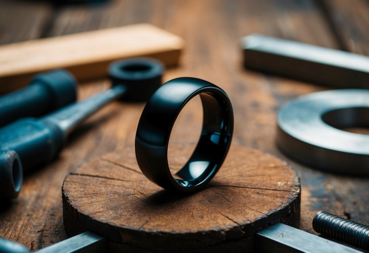 A black wedding ring sits on a rustic wooden surface, surrounded by tools and materials. The ring is sleek and modern, exuding strength and durability