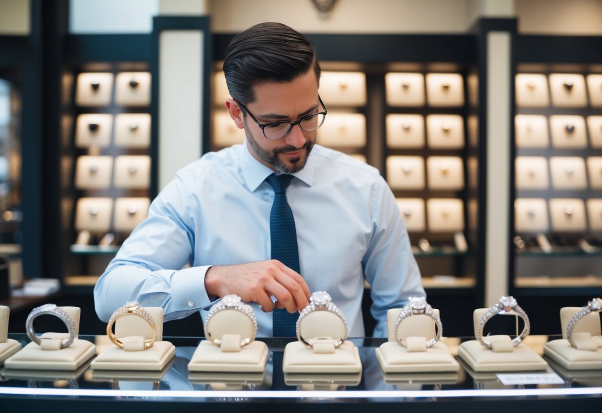 A man examines a display of wedding bands at a jewelry store