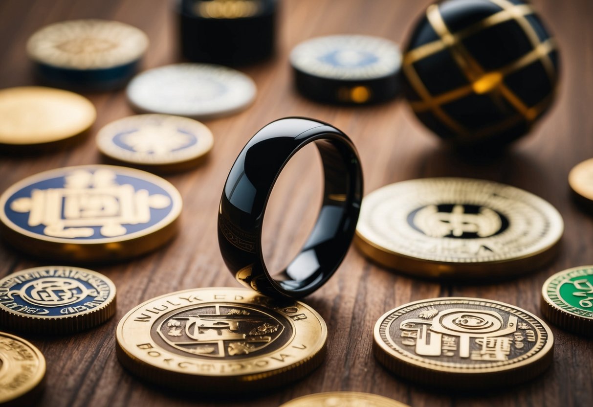 A black wedding ring placed on a wooden surface, surrounded by cultural symbols and objects evoking emotional resonance