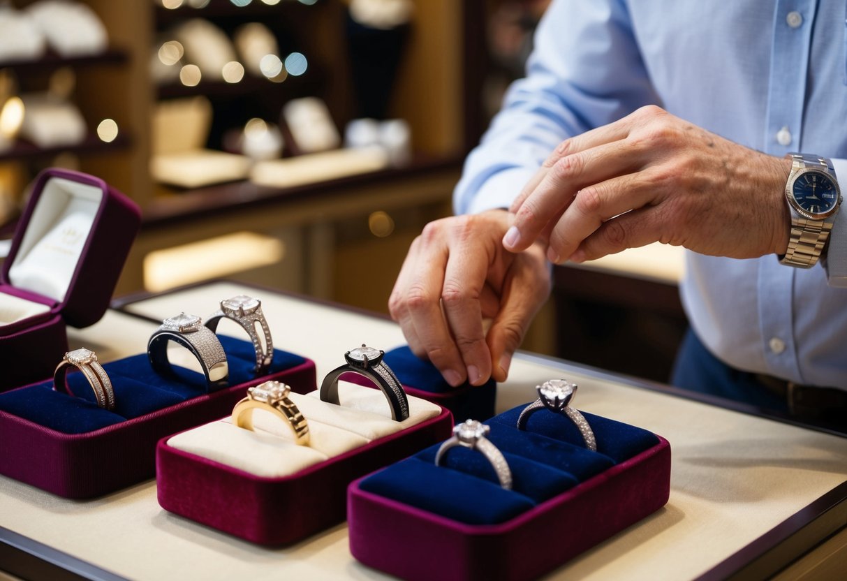 A man carefully examines various wedding bands displayed on a velvet cushion in a jewelry store, considering the materials and designs