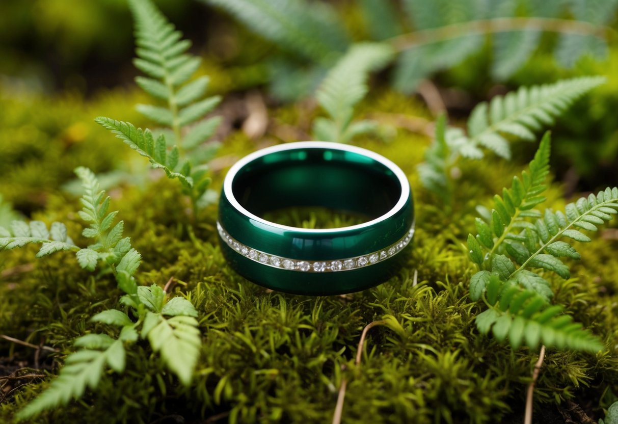 A green wedding band rests on a bed of moss, surrounded by fresh leaves and delicate ferns, symbolizing nature and growth