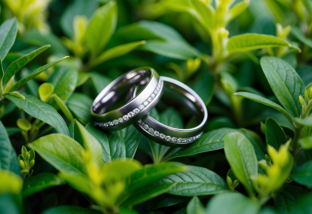 A lush green garden with two wedding bands entwined among the foliage, symbolizing growth, harmony, and renewal