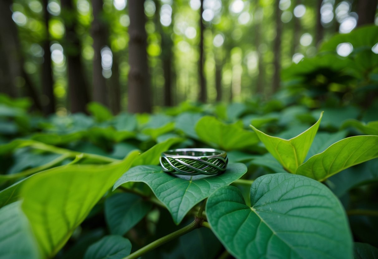 A lush forest with intertwining vines and leaves, symbolizing the eco-friendly and sustainable nature of green wedding bands