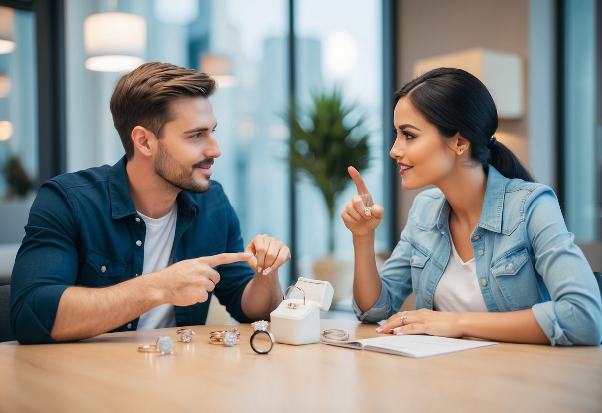 A couple sits at a table, discussing finances and looking at engagement ring options together. They both seem engaged in the conversation, pointing to different rings and nodding in agreement