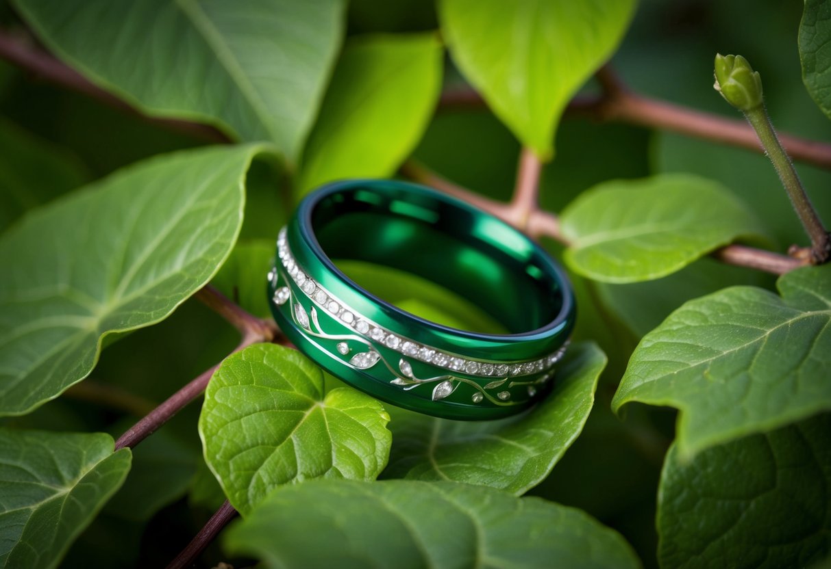 A green wedding band surrounded by leaves and vines, symbolizing growth, harmony, and nature