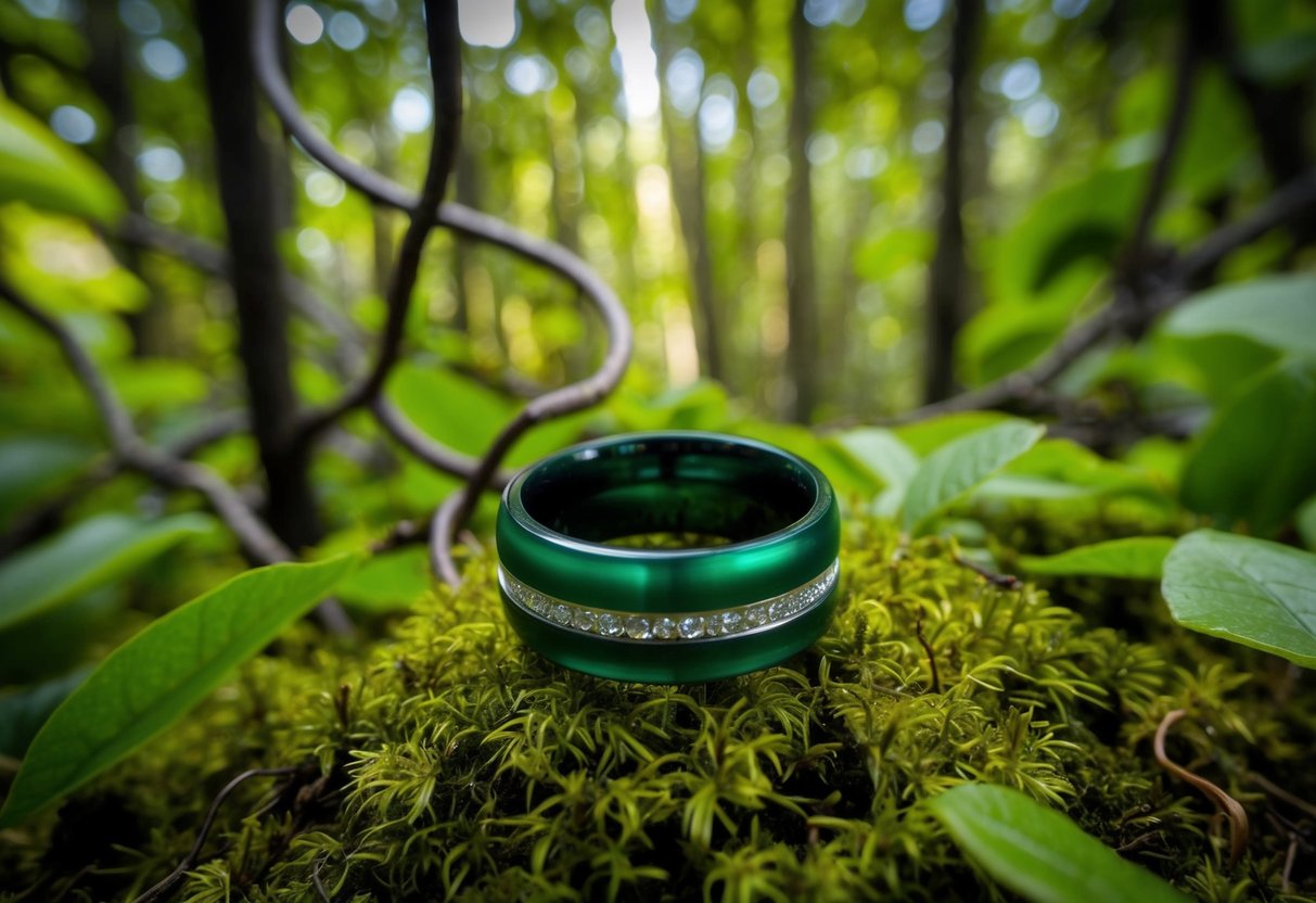 A lush forest with intertwining vines and leaves, a green wedding band resting on a bed of moss