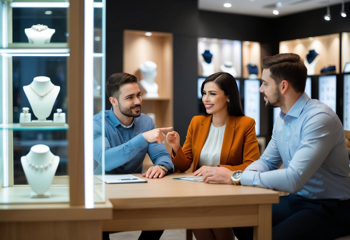 A couple sitting at a table, discussing finances and pointing to a ring in a jewelry store display