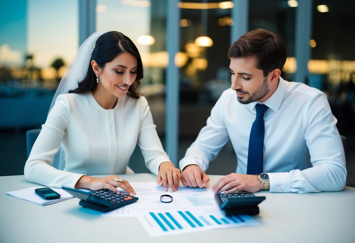 A couple sits at a table, discussing wedding plans and looking at a ring on the table. They each have calculators and papers with financial figures