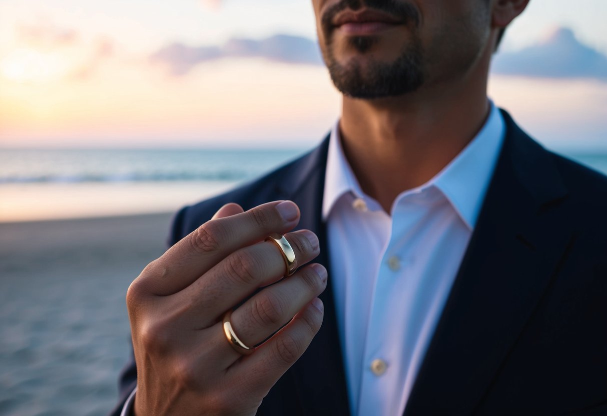 A man holding a simple gold wedding band against a backdrop of a serene beach at sunset