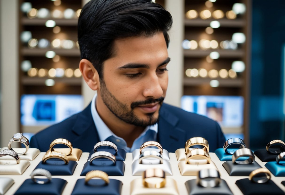 A man browsing through a display of wedding bands made from various materials such as gold, platinum, tungsten, and titanium