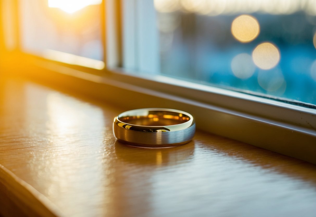 A white gold wedding ring sits on a wooden table next to a window, bathed in warm sunlight. The ring appears to have a yellowish tint
