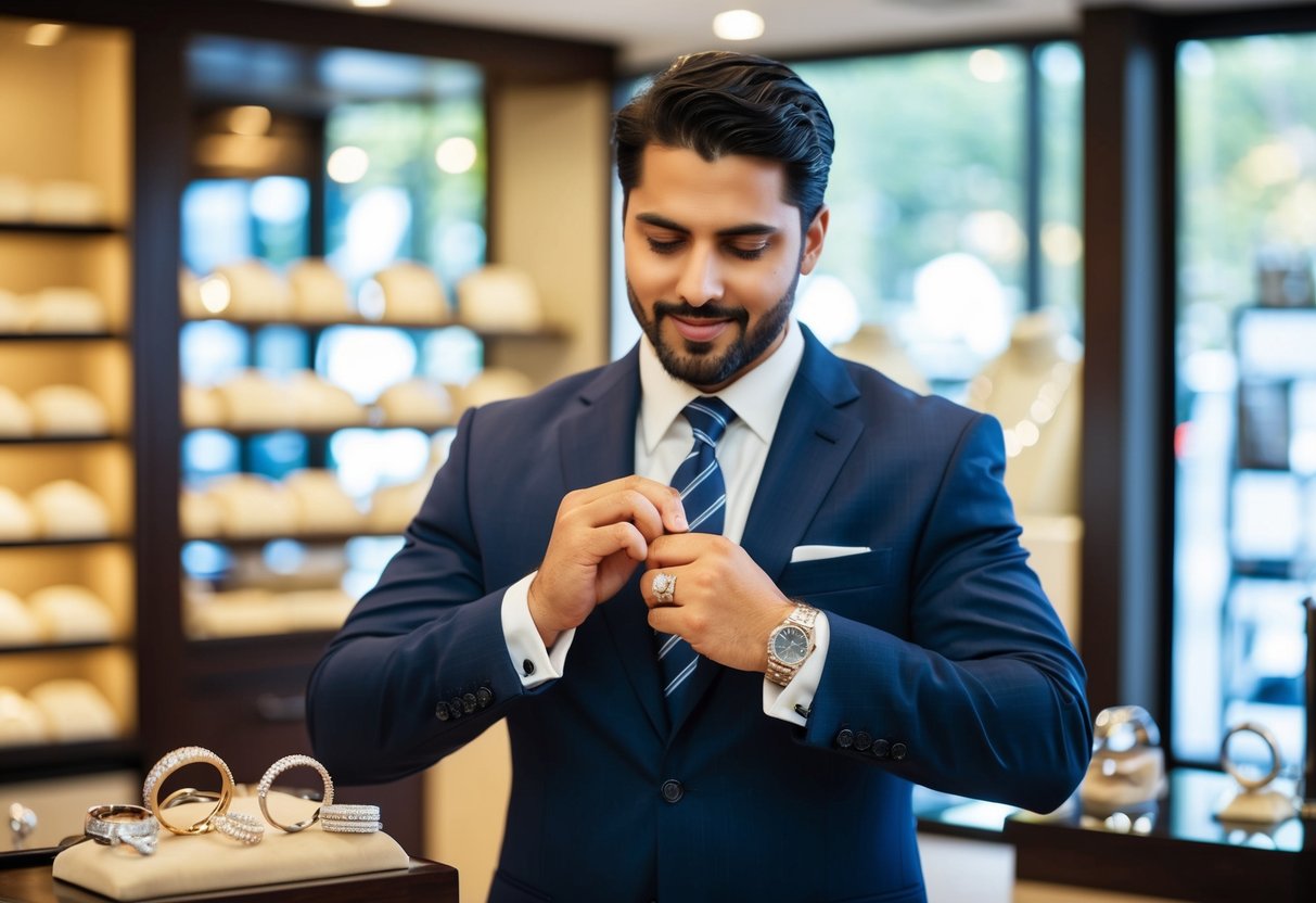 A man in a suit trying on different styles of wedding bands at a jewelry store