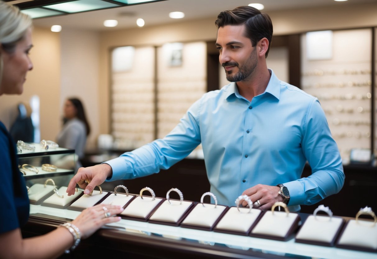 A man stands at a jewelry store counter, examining a display of wedding bands with a thoughtful expression. The salesperson gestures to the various options available