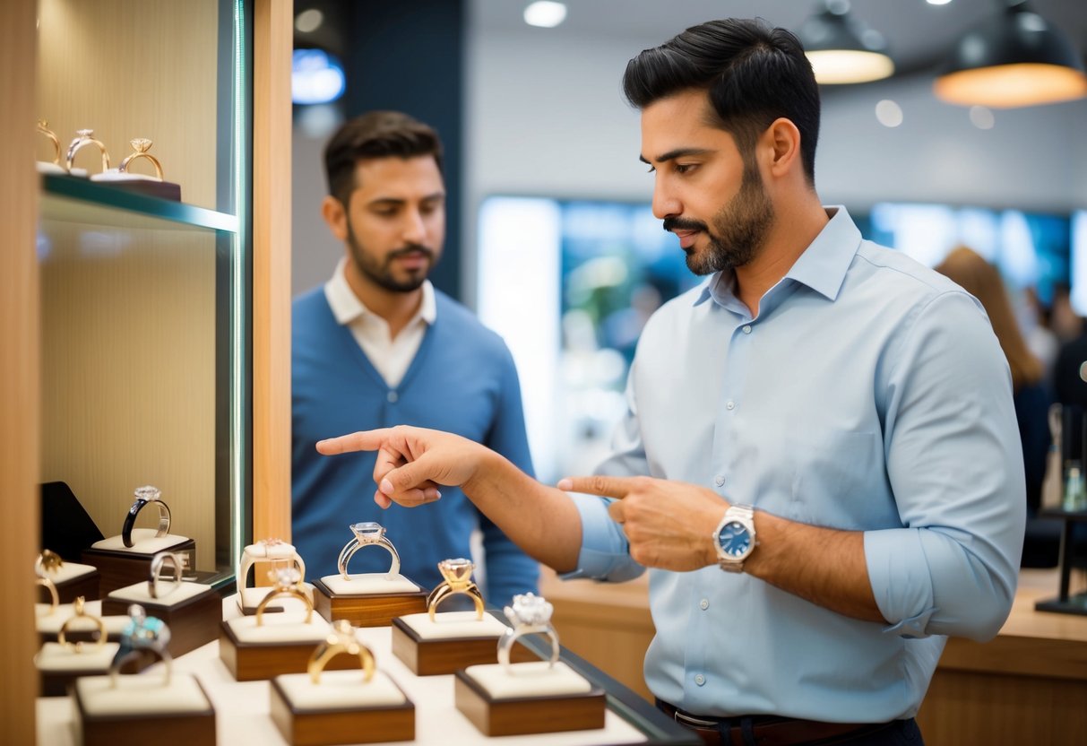 A man examining a display of wedding rings, pointing to unique features and discussing customization options with a jeweler