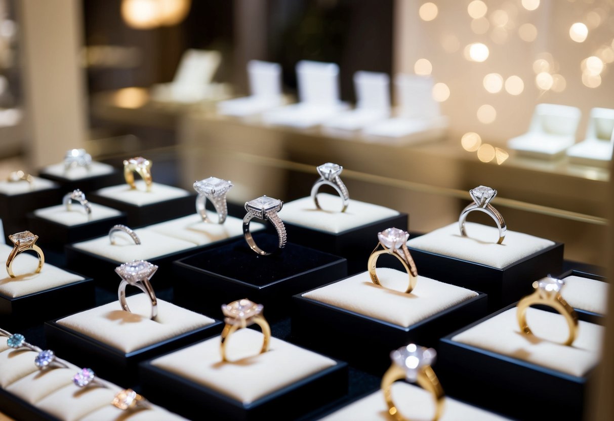 A jewelry store display featuring various engagement rings in different styles and sizes, with soft lighting highlighting the sparkle and shine of the diamonds