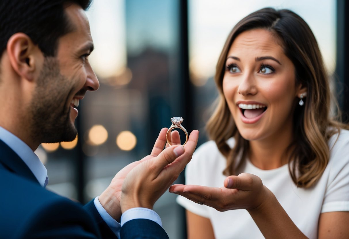 A man's hand presents a diamond ring to a woman's hand. She looks surprised and excited, while he smiles nervously