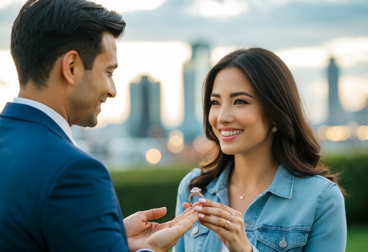 A man presenting an engagement ring to a woman, symbolizing the tradition of the man paying for the ring