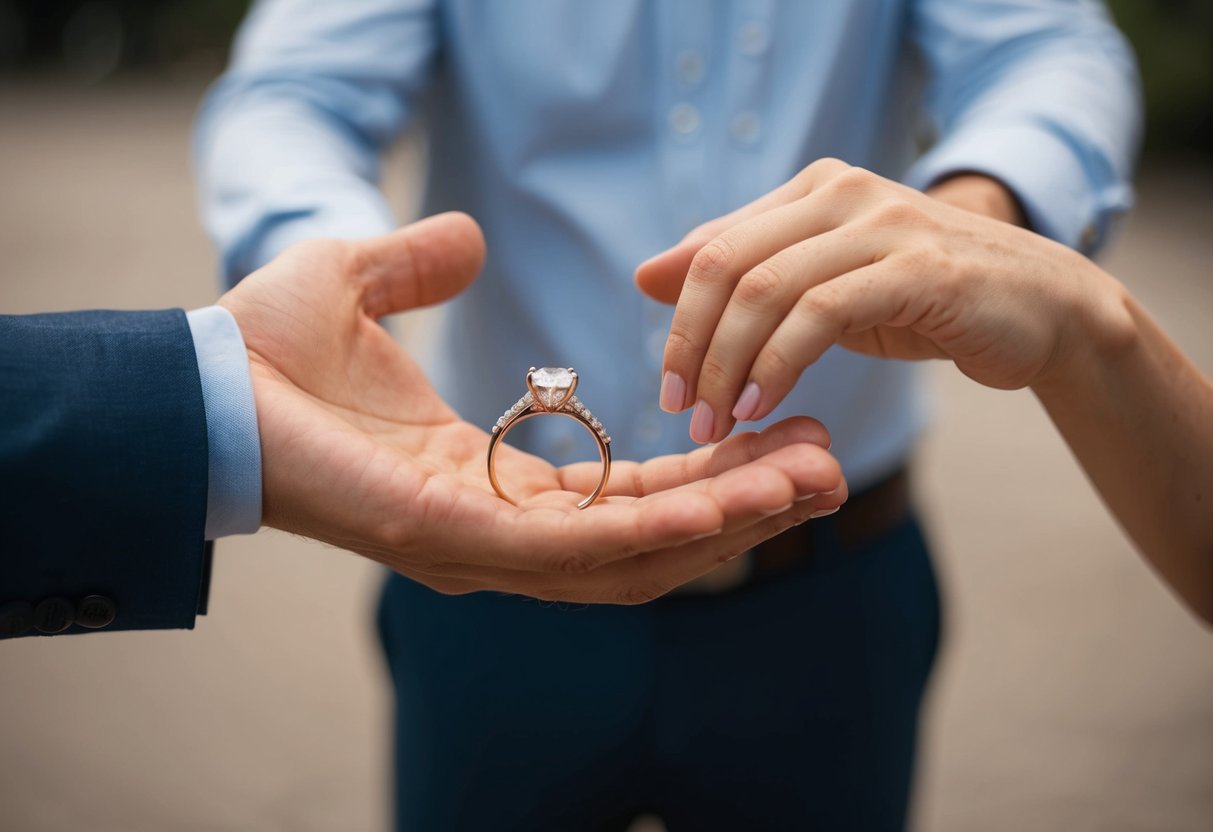 A man's hand holds out a sparkling engagement ring, while a woman's hand reaches for it, both hands appearing hesitant and uncertain