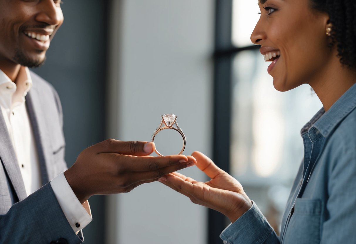 A person presenting a diamond ring to another person, with a look of anticipation and excitement on their face