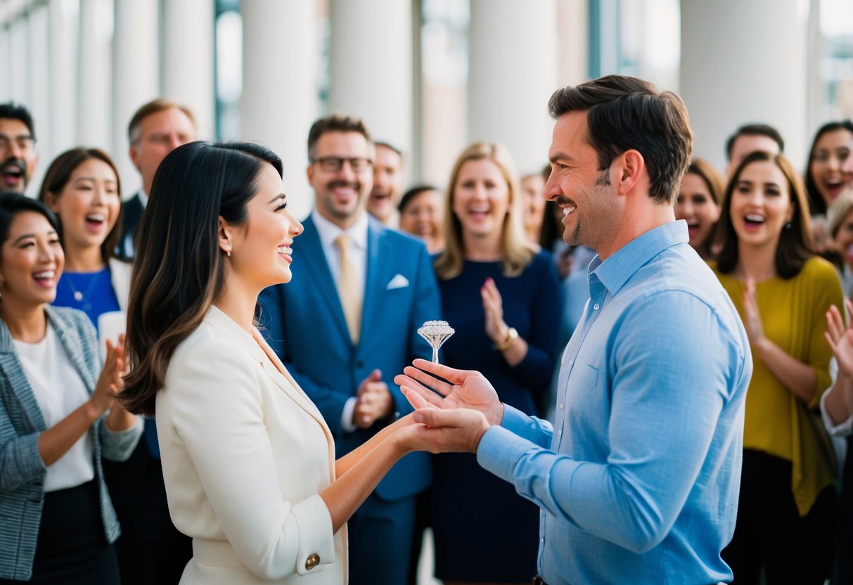 A man and woman stand facing each other, the woman's hand outstretched as the man presents her with a sparkling engagement ring. They are surrounded by a diverse group of onlookers, each expressing a mix of surprise and delight
