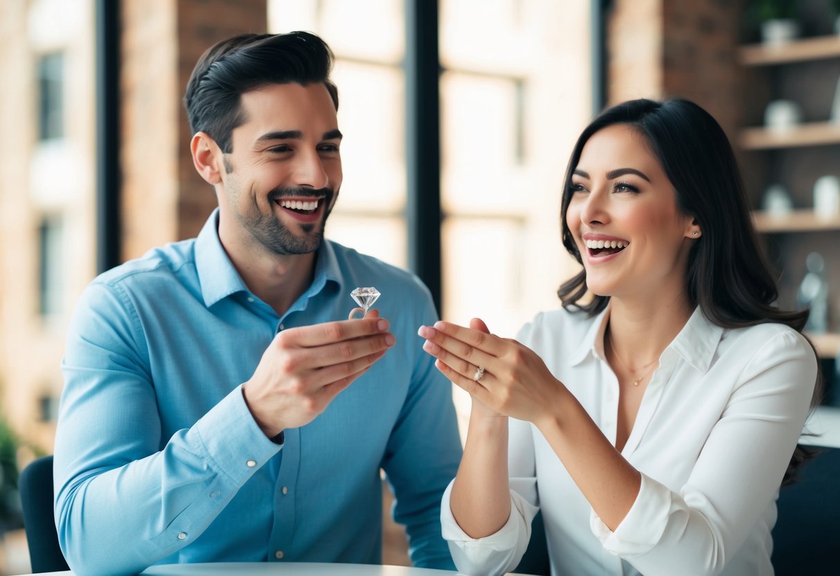 A man and woman sit at a table, the man presenting a diamond ring. They both appear excited and happy