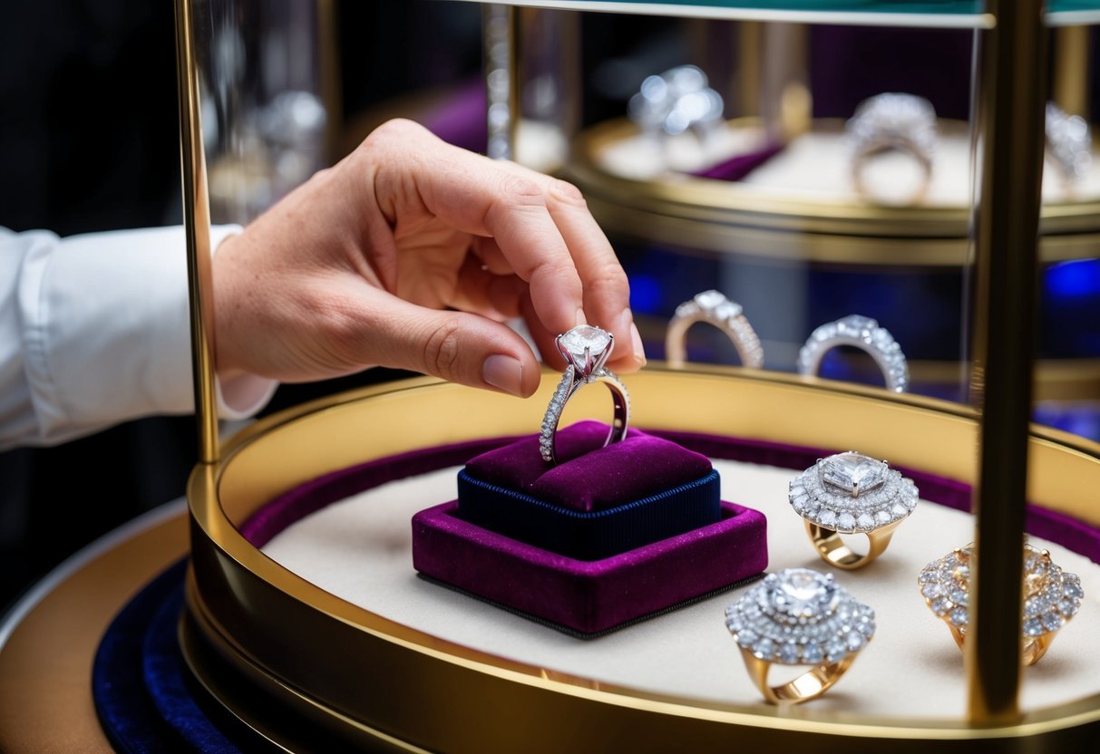 A jeweler's hand presenting a sparkling diamond ring on a velvet cushion, surrounded by other glittering rings in a luxurious display case