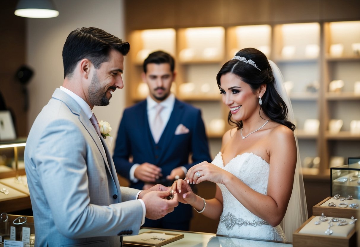 A bride purchases a groom's ring at a jewelry store