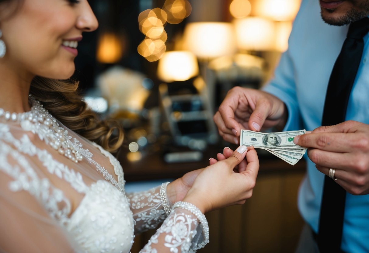 A bride hands a jeweler money for a groom's ring