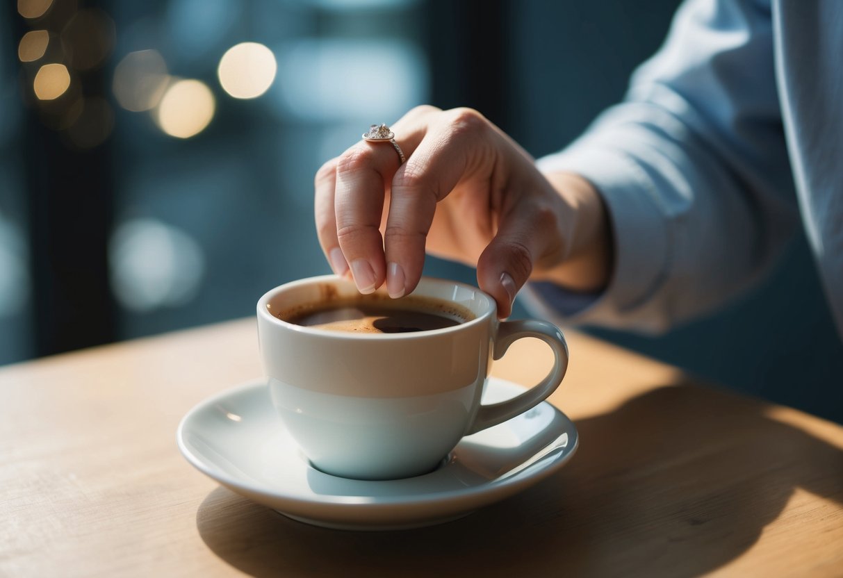 A hand reaching for a cup of coffee, with a glint of a diamond ring catching the light