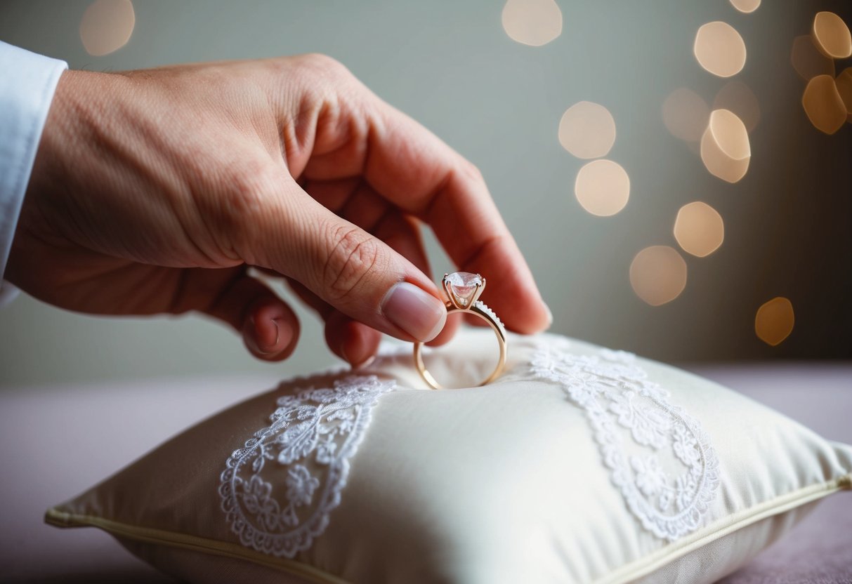 A hand placing a wedding ring on a delicate pillow