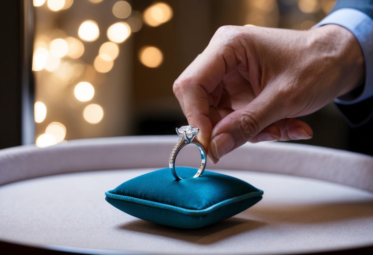 A jeweler's hand presenting a sparkling diamond ring on a velvet cushion, with soft lighting and elegant display