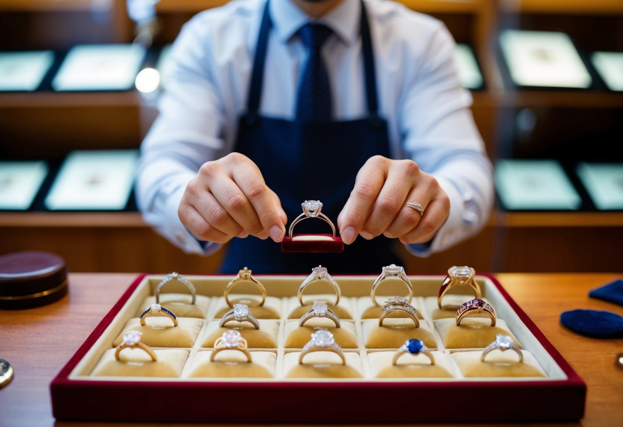A jeweler presenting a variety of engagement rings on a velvet display tray