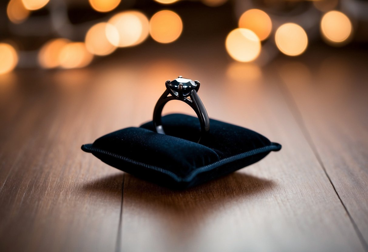 A black wedding ring sits on a velvet cushion under soft, warm lighting