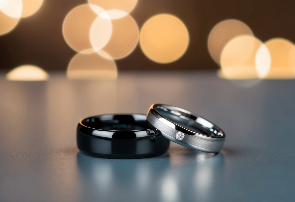 Two wedding rings, one black and one silver, resting on a smooth, polished surface, surrounded by soft, warm lighting