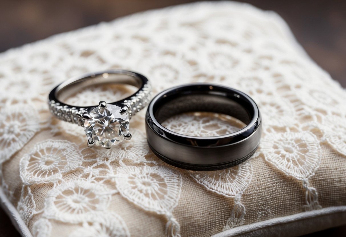 A diamond engagement ring and a matching wedding band rest on a delicate lace pillow