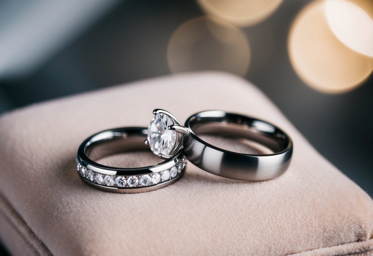 A sparkling engagement ring and a sleek wedding band resting side by side on a soft velvet cushion