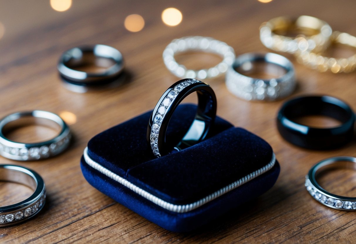 A black wedding ring sits on a velvet cushion, surrounded by other ring options