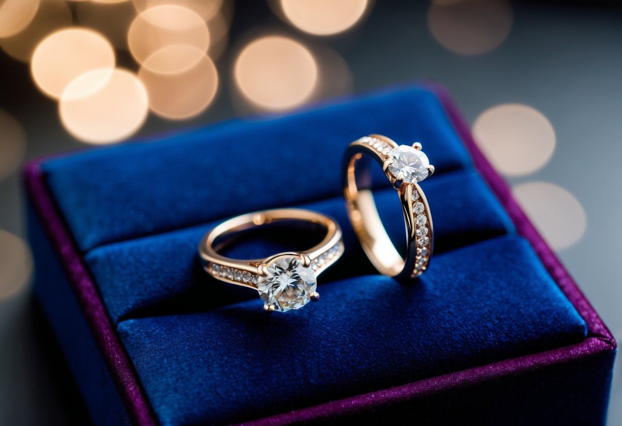 A wedding ring set displayed on a velvet cushion, with a diamond engagement ring and a matching wedding band