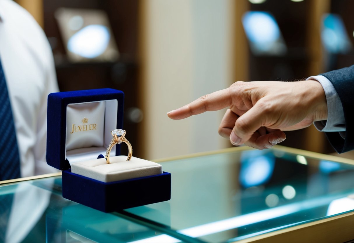 A jeweler places an engagement ring in a velvet box on a glass display counter. A customer points to the ring and nods to indicate their purchase