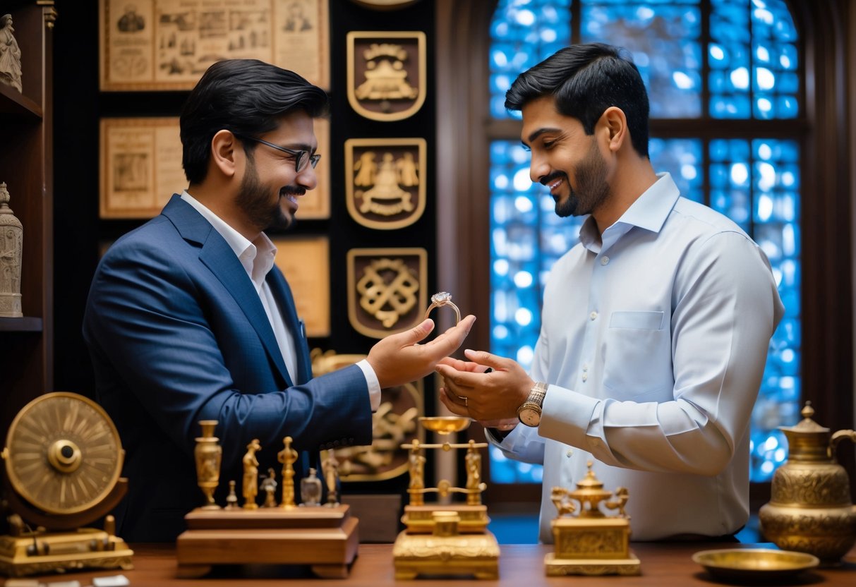 A jeweler presents an engagement ring to a man, surrounded by historical artifacts and traditional symbols