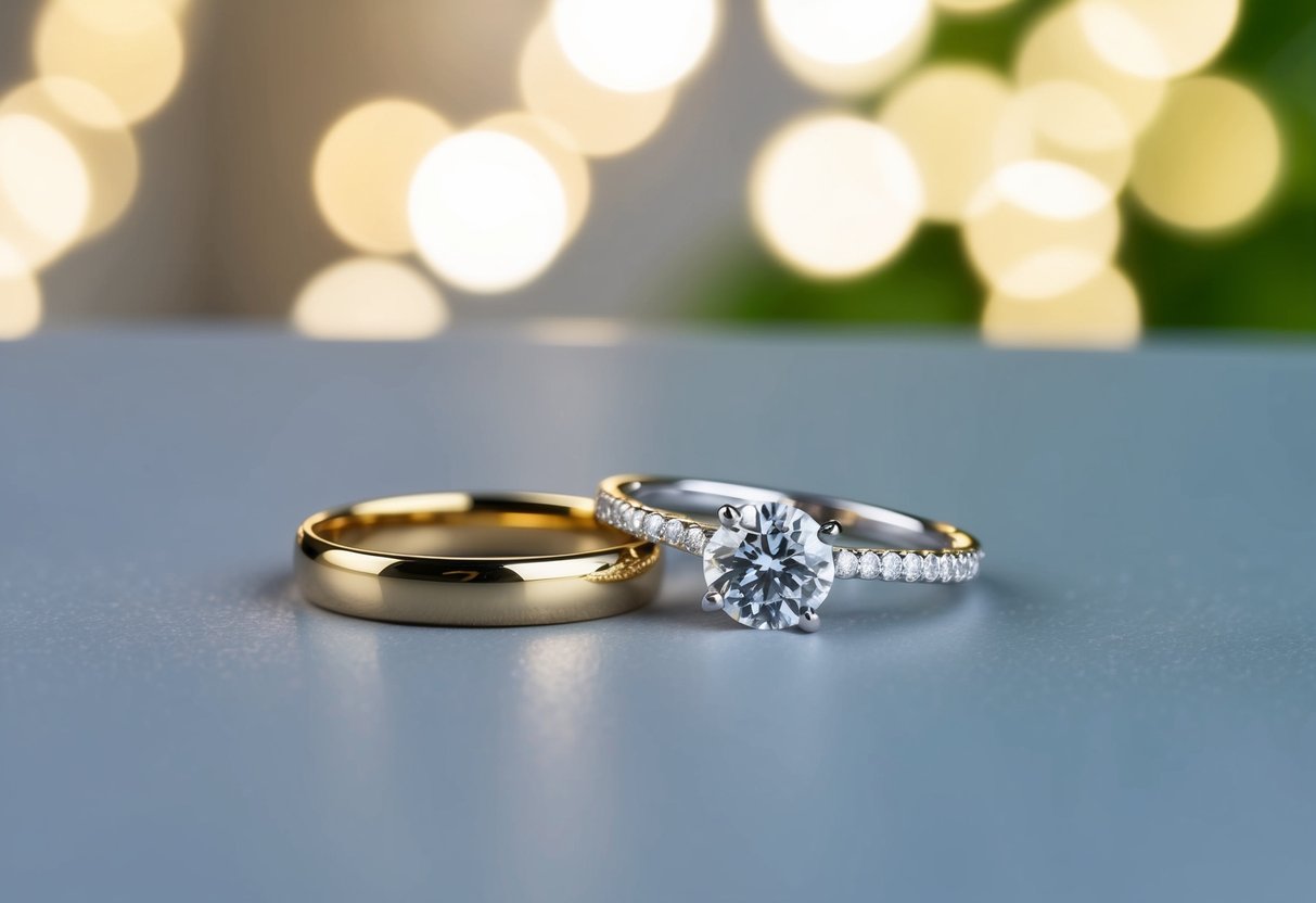 A simple gold wedding band and a sparkling engagement ring placed side by side on a smooth surface