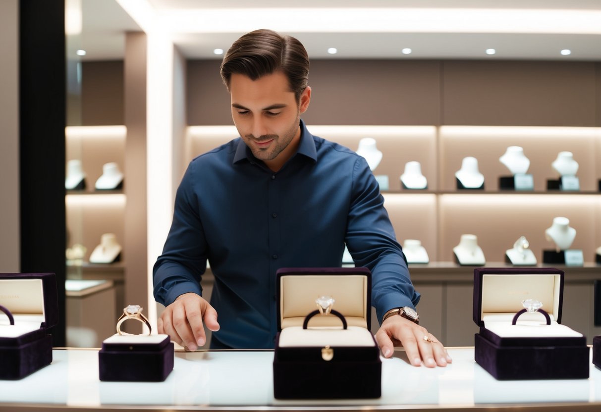 A man browsing a selection of engagement rings displayed in a sleek and modern jewelry store