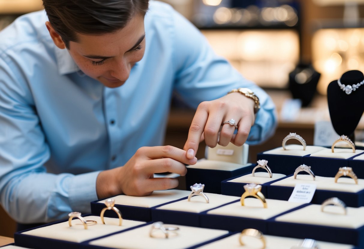 A person browsing through various engagement rings in a jewelry store, carefully examining the different styles and price points available