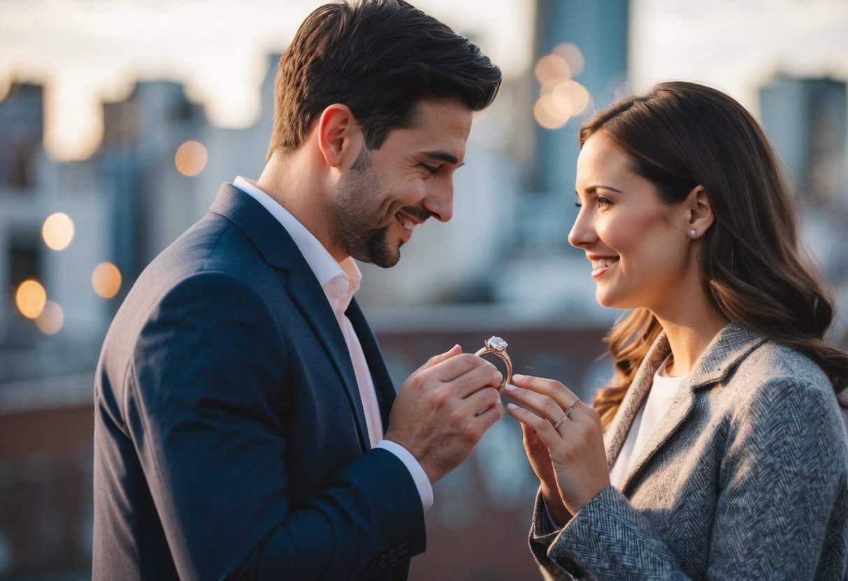 A man presenting a ring to a woman, symbolizing engagement