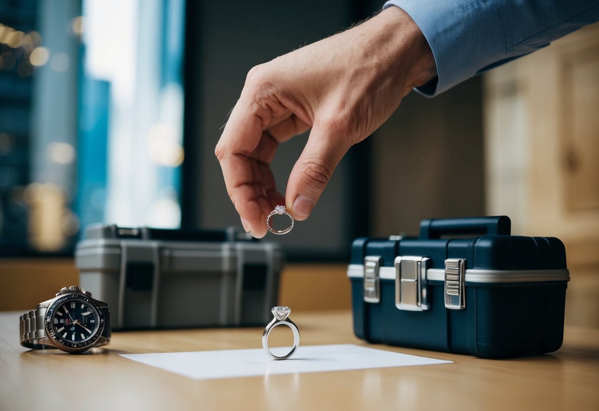 A man's hand placing a sleek, minimalist engagement ring on a table next to a rugged, masculine watch and a toolbox