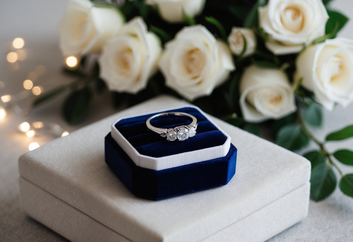 A wedding ring placed on a velvet jewelry box, surrounded by soft lighting and a bouquet of white roses