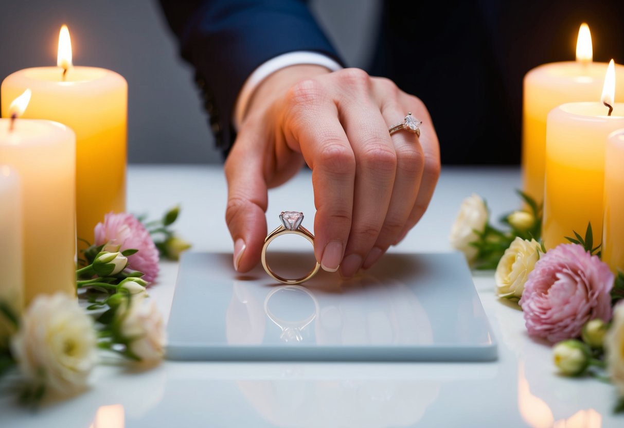 A hand placing a wedding ring on a flat surface surrounded by flowers and candles