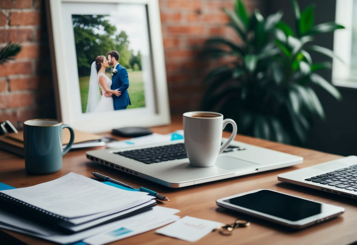 A cluttered desk with a laptop, coffee mug, and scattered papers, with a framed wedding photo in the background