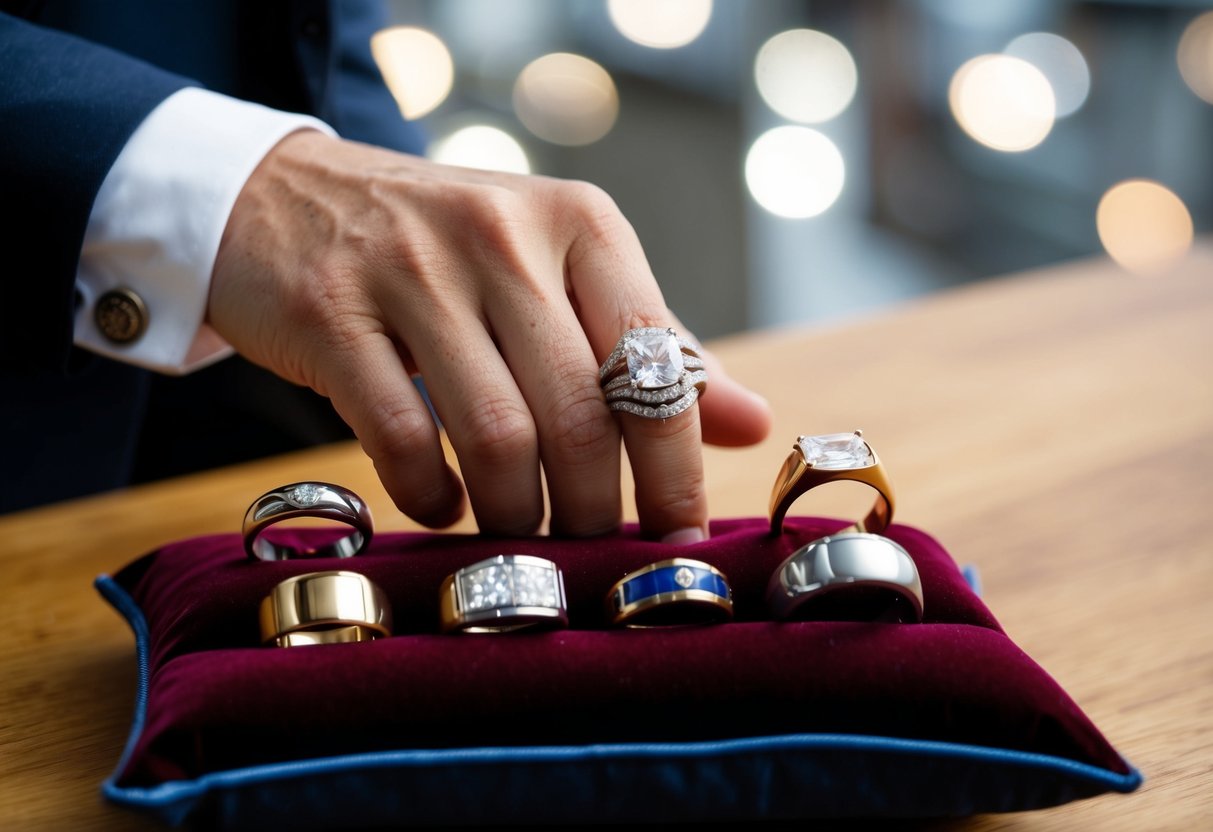 A hand holding a wedding ring and a variety of men's rings displayed on a velvet cushion