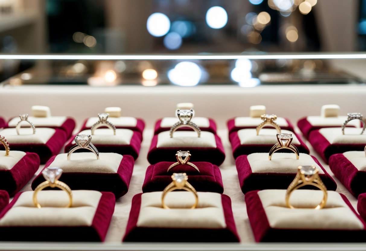 A jewelry store display with a variety of engagement rings in different styles and sizes, arranged on velvet cushions under bright lights